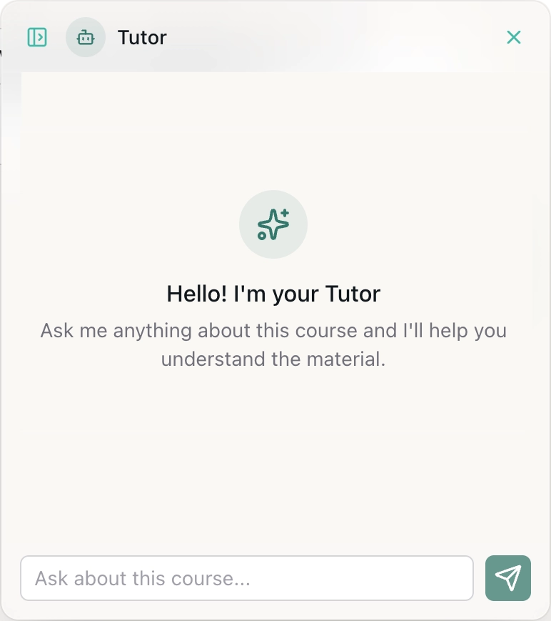 In-course AI tutor cycling through a learner question, answer, and source citation