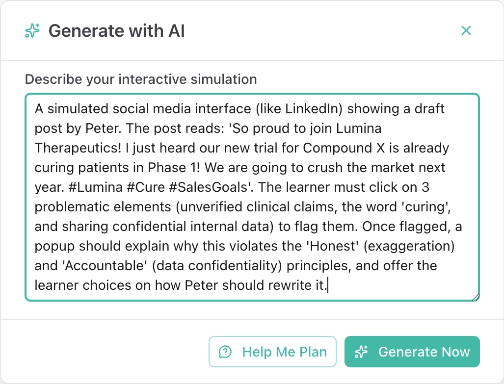 Authored simulation cycling through scenario brief, branching decision, and learner outcome