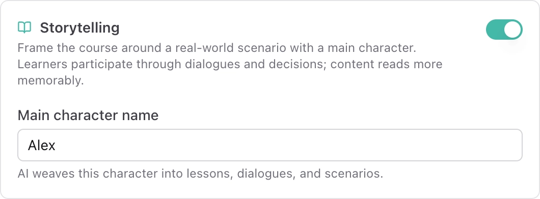 Storytelling toggle and case-based course framing with a recurring character